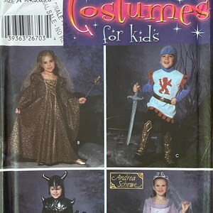 May include: Simplicity costume pattern for children, featuring four medieval outfits. The costumes include a princess gown, knight armor, a Viking costume, and a medieval dress. The pattern includes sizes for children.