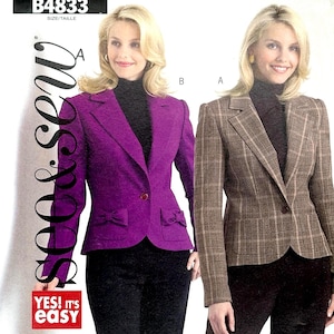 May include: A sewing pattern featuring two women's blazers. One is a vibrant purple with bow details, and the other is a brown plaid. The pattern includes the text "So & Sew" and "Yes! It's easy."