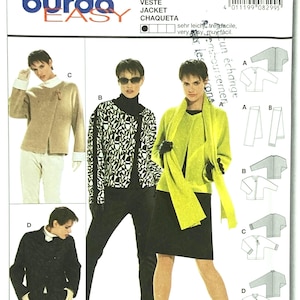 Könnte beinhalten: Ein Burda Easy Schnittmuster für Jacken, mit Bildern der fertigen Kleidungsstücke. Stile umfassen eine beige Jacke, eine schwarz-weiß gemusterte Jacke und eine schwarze Jacke mit karierten Hosen. Größen von 36 bis 48.