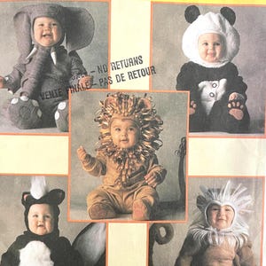 May include: A McCall's Costumes pattern featuring baby costumes. The costumes include an elephant, panda, lion, skunk, and a lion with a white mane. The pattern is from the Tom Arma Collection.
