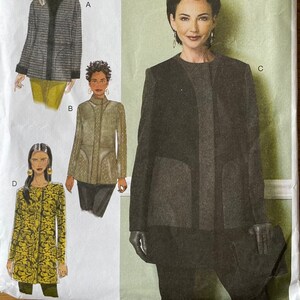 May include: A Butterick B6421 sewing pattern envelope featuring illustrations of four jacket variations. The designs include a striped jacket, a textured olive jacket, a yellow floral print jacket, and a solid black jacket with a front closure.