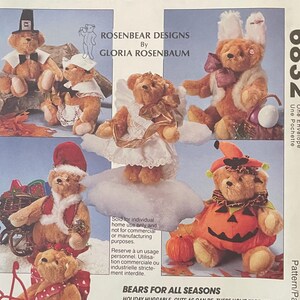 May include: A McCall's Crafts sewing pattern envelope 6832 for Rosenbear Designs by Gloria Rosenbaum. The cover features illustrations of brown teddy bears dressed in various seasonal costumes, including holiday, angel, and pumpkin outfits.