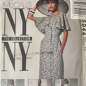May include: A McCall's NY NY The Collection sewing pattern envelope, number 5944, size 12. The front displays a black and white floral dress with flutter sleeves, alongside smaller images of variations B and C, featuring a wide-brimmed hat and pockets.