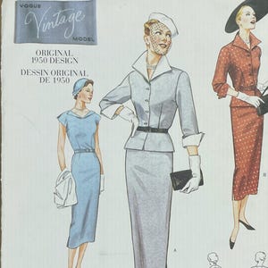 May include: Vogue Vintage Model sewing pattern featuring original 1950 designs. The pattern includes illustrations of women's outfits, including a light blue dress, a gray suit, and a red polka-dot dress. The pattern number is 2402.