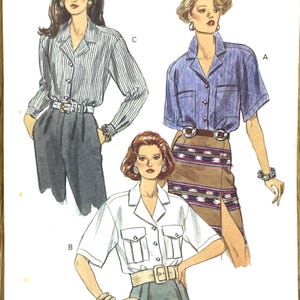 Op de afbeelding: Een vintage naaipatroon van Very Easy Very Vogue, met drie hemdontwerpen. Het patroon bevat maten 14-16-18. De hemden hebben verschillende mouwlengtes en zakstijlen, met diverse rok- en broekopties.