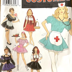 May include: Simplicity Costumes sewing pattern with illustrations of six costume designs: a nurse, Little Red Riding Hood, a French maid, a saloon girl, a waitress, and a pirate. The pattern size is RR (14,16,18,20), with EUR and FR sizes also listed.