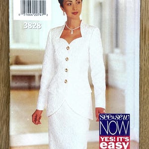 May include: A white suit sewing pattern featuring a jacket with gold buttons and a matching skirt. The pattern includes sizes 6-8-10 and the text "see & sew NOW YES! IT'S easy". The model is wearing the suit.