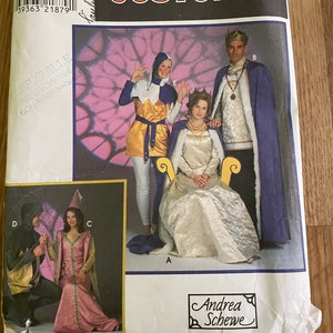 May include: A Simplicity Costumes pattern for medieval and Renaissance costumes. The image shows a jester, a queen, and a king in costume. The pattern includes sizes AA XS, S, and M. The package is white with black and red text.