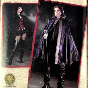 Peut inclure: Le patron Simplicity 2529 présente des modèles de costumes. La couverture montre deux personnages en capes, l'un en noir et rouge, l'autre en violet et noir. Le patron comprend les tailles XS, S et M.