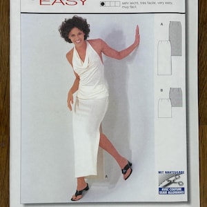 以下が含まれることがあります： 白いドレスを着た女性が特徴の、スカート用の Burda Easy の縫製パターン。 パターンには縫い目と裾のマージンが含まれています。 パターンのテキストは「ROCK JUPE SKIRT FALDA」と書かれています。