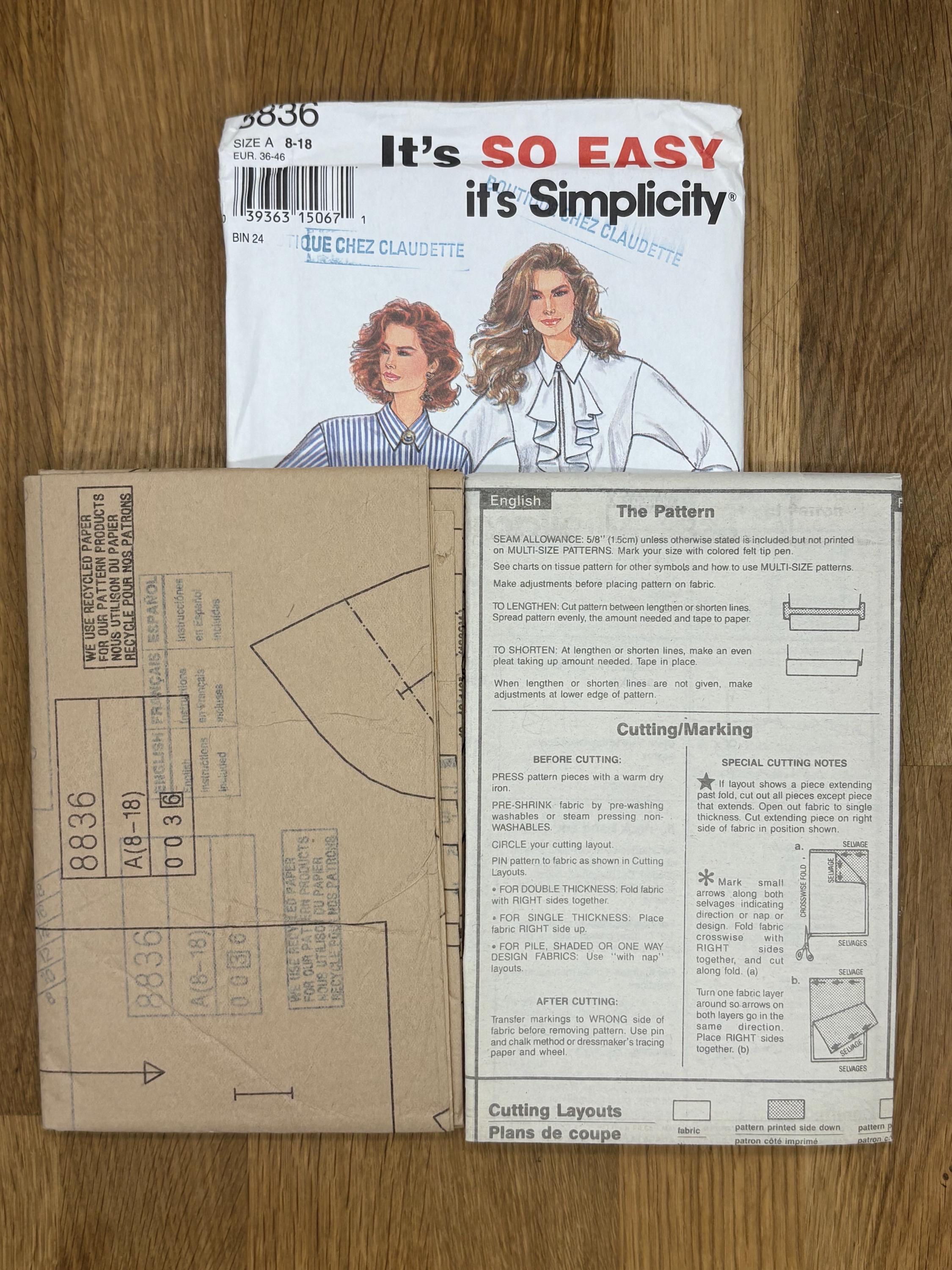 Simplicity 8836, Size (8-18), Misses' Shirt, 1994 Uncut Sewing