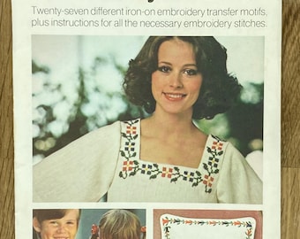 May include: Vintage Butterick embroidery transfer pattern. The cover features a woman wearing a white top with floral embroidery. The pattern includes instructions for embroidery stitches and various motifs. The price is $1.00.