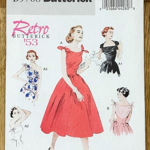 May include: A Butterick sewing pattern, B5708, with illustrations of retro dresses. The pattern includes a red dress with bow details, and other dress designs. The text "Retro Butterick '53" is also visible.