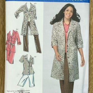 May include: Simplicity sewing pattern from the Khaliah Ali Collection. The pattern includes designs for a long jacket, trousers, and a shirt with shorts. The pattern size is FF 18W-24W. The image also includes the website address.