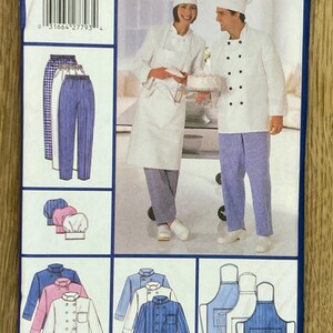 May include: A Butterick sewing pattern, number 5603, showcasing chef uniforms. The pattern includes illustrations of chef coats, trousers, aprons, and hats. The uniforms are depicted in various colours, such as white, blue, and pink. The text "UNIFORMbasics" and "SEW EASY" are visible.