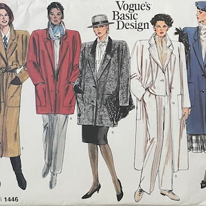 May include: Vogue's Basic Design sewing pattern #1446 featuring five different coat styles. The coats are illustrated in various colors and fabrics, including a brown belted coat, a red coat with pockets, a gray tweed coat, a white coat with a button closure, and a blue coat with a plaid skirt.