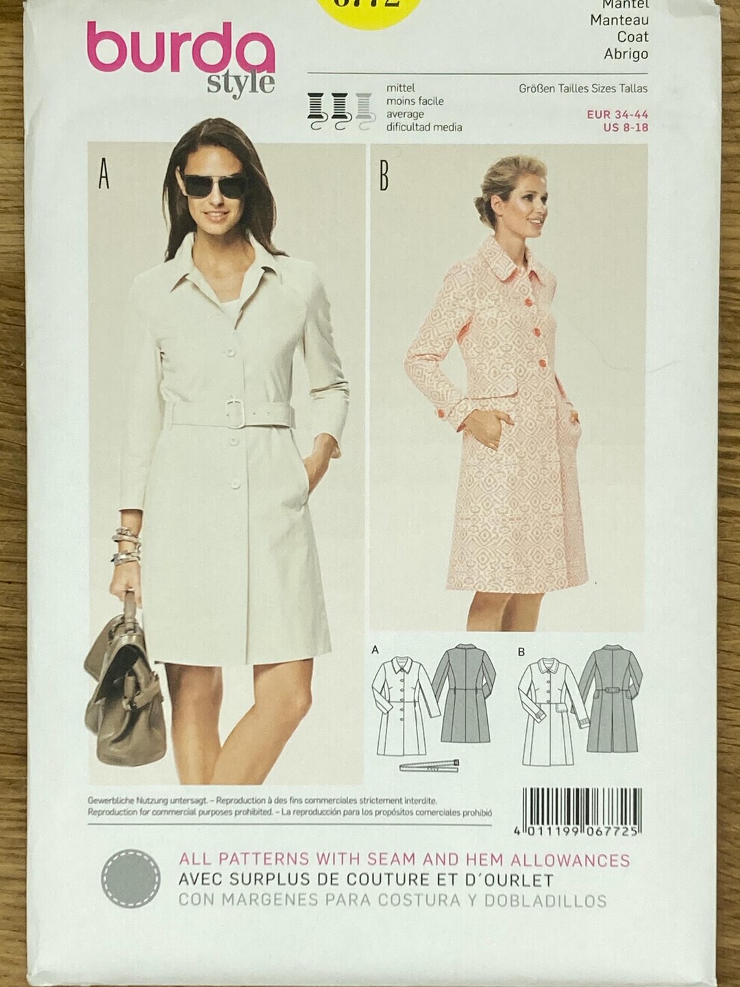 Burda 6772, taille femme (8-10-12-14-16-18), manteau ajusté, modèle de ...