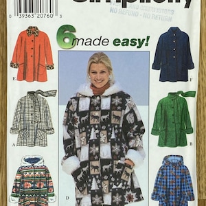 May include: Simplicity sewing pattern 7803 featuring six coat designs. The pattern includes sizes BB L, XL, and European sizes 44-50, and French sizes 46-52. The coats have various styles, including a hooded coat and a coat with a leopard print collar.
