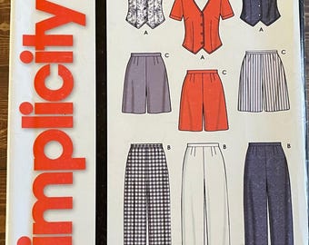 May include: Simplicity sewing pattern 7154, featuring various tops and bottoms. Includes a floral print top, red button-up top, and a navy blue top. Bottoms include shorts and pants in various colors and patterns. Size A 8-18.