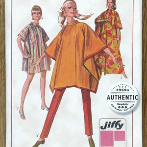 May include: A vintage Simplicity sewing pattern, number 7173, showcasing 1960s fashion. The pattern includes designs for a poncho, a dress, and a striped tunic. The package features the text "Authentic Simplicity Original Pattern" and "Jiffy".