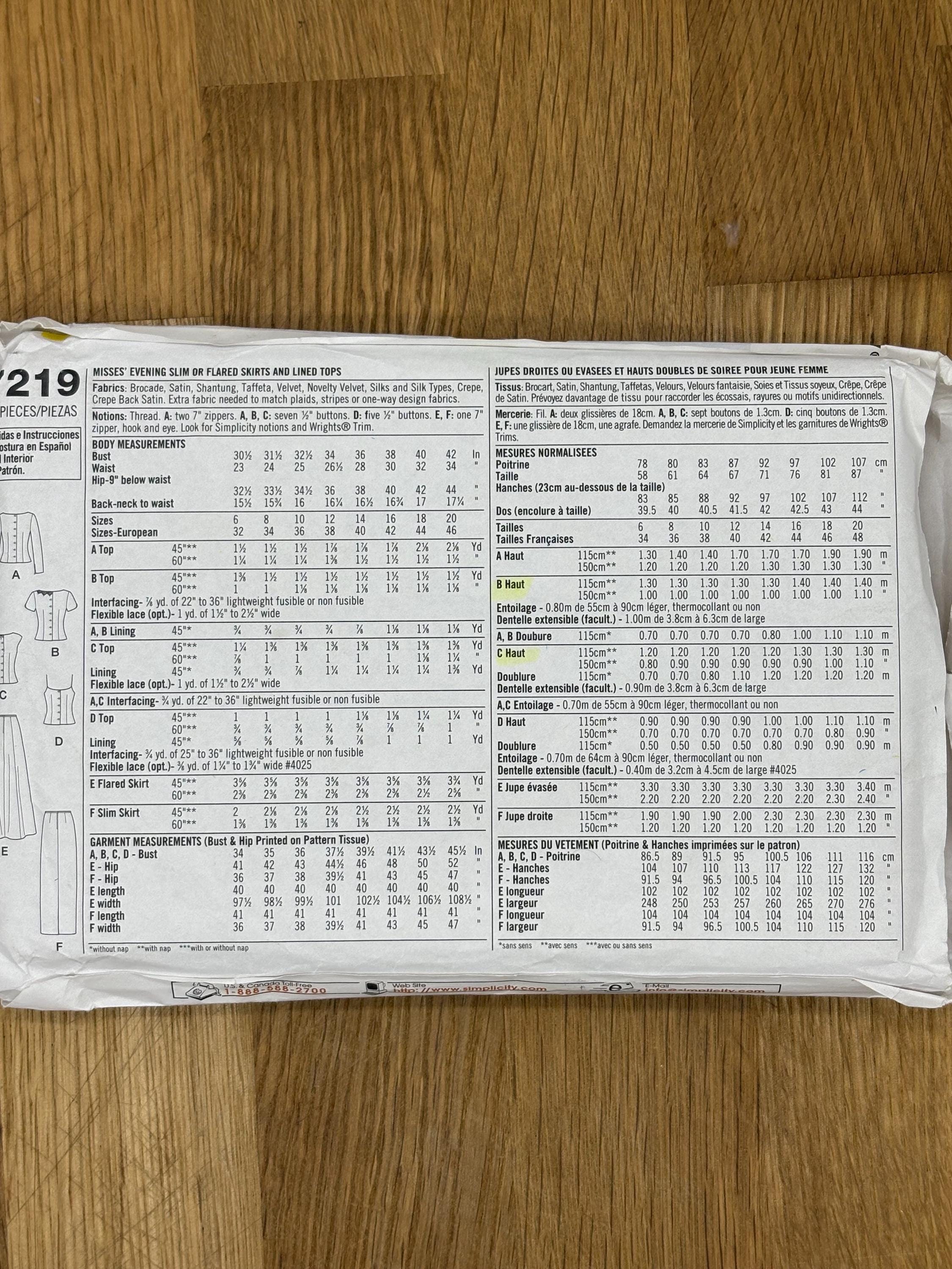 シンプリシティ 7219、レディースサイズ（6-8-10-12 & 14-16-18-20