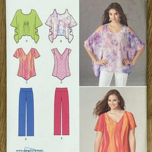 May include: Simplicity sewing pattern 1667A featuring various tops and pants. The pattern includes designs for tops with open shoulders, V-necks, and different sleeve styles. The color palette includes green, pink, blue, and red. The size range is XXS-XXL.