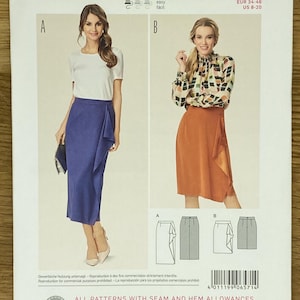 以下が含まれることがあります： Burda Styleのスカート用ソーイングパターン。サイズはEUR 34-46とUS 8-20。画像には2つのスカートのデザインが示されており、「Rock, Jupe, Skirt, Falda」の文字があります。パターンには縫い代と裾の余裕が含まれています。