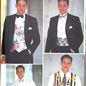 Peut inclure: Patron Butterick vintage présentant un homme en smoking. Le patron met en valeur différents styles de tenues de soirée, notamment des gilets, des nœuds papillon et des ceintures. L'image présente un design de tenue de soirée classique.