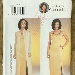 Peut inclure: Un patron de couture Butterick, modèle 3835, avec un design de Diahann Carroll. Le patron propose une robe longue et une veste assortie. L'emballage présente des images des vêtements finis en jaune et crème, avec les tailles 12, 14 et 16.