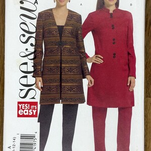 May include: A sewing pattern package showing two women's outfits. One outfit features a brown and gold patterned jacket with black trousers. The other outfit is a red long-sleeve tunic with matching red trousers. The package has the text "see & sew" and "YES! It's easy".