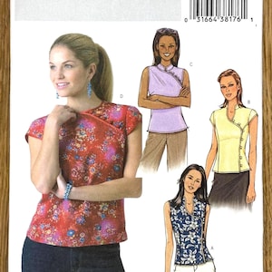 Pode incluir: Um padrão de costura Butterick, B4188, com uma mulher usando um top floral vermelho. O padrão inclui ilustrações de vários designs de tops, incluindo um top lavanda e um top amarelo. O tamanho do padrão é 6, 8 e 10.