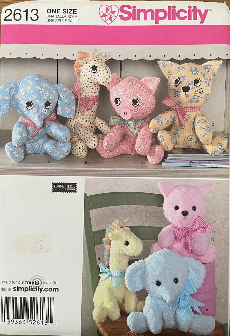 Simplicity 2613, 10-12 Inches Plush Animals, Uncut Craft Sewing Pattern ...
