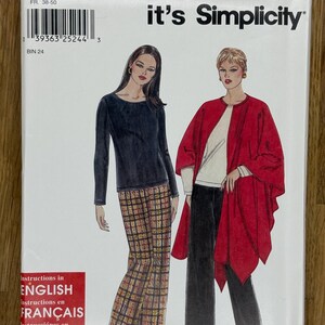 May include: A sewing pattern for two outfits. The first outfit is a black long-sleeved shirt with plaid trousers. The second outfit is a red cape with black trousers. The pattern is from Simplicity and is called "It's SO EASY it's Simplicity".