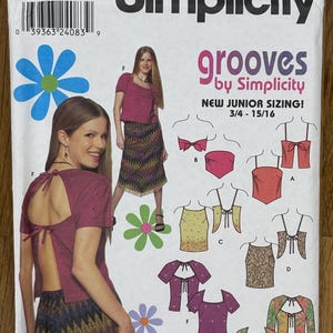 May include: Simplicity sewing pattern 9271, "grooves by Simplicity", for tops with tie backs.  The pattern includes five different styles of tops, with sizes ranging from 3/4 to 15/16.  The pattern is labeled "easy to sew".