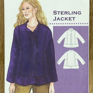 May include: A sewing pattern titled "Sterling Jacket" from The Sewing Workshop. The cover features an illustration of a woman wearing a purple jacket and tan pants. The pattern includes jacket diagrams.