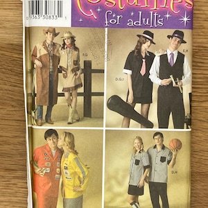 May include: A sewing pattern for adult costumes. The pattern includes four different costumes: a cowboy and cowgirl, a gangster couple, and a basketball referee couple. The pattern is from Simplicity and has the number 353 on it.
