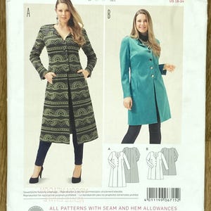 May include: A Burda Style sewing pattern for a coat. The pattern features two coat designs, one with a patterned, long-sleeve design and the other a solid teal coat. The pattern includes sizes EUR 44-60 and US 18-34.