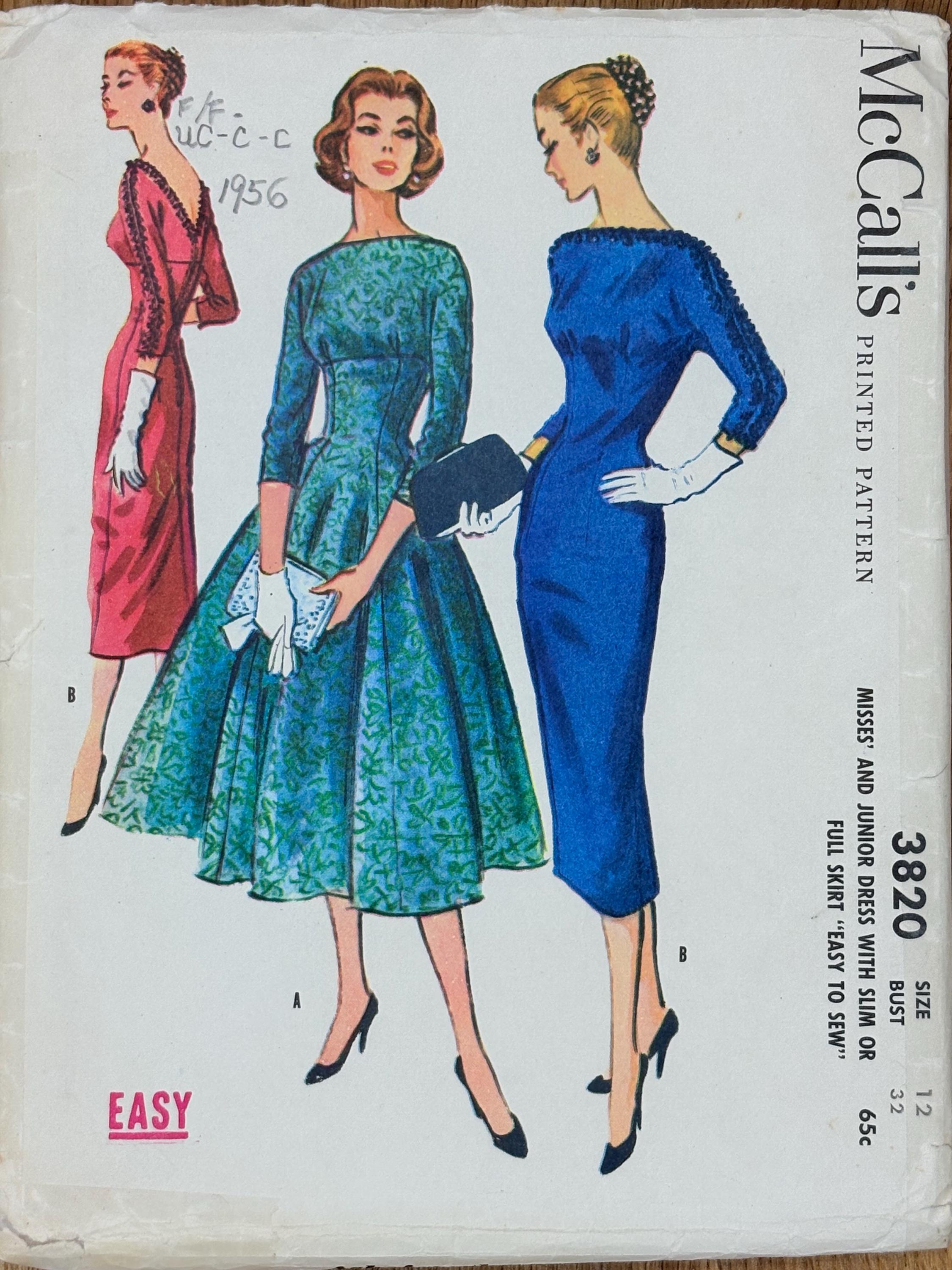 McCall's 3820, taille (12), robe pour femme avec jupe fine ou évasée, patron de couture 1956 non découpé