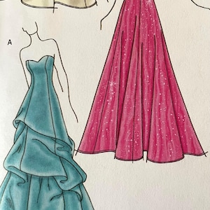 Può includere: Illustrazione di tre abiti da sera senza spalline. Uno è di colore verde acqua chiaro con una gonna a strati. Il secondo è rosa acceso con un effetto scintillante. Il terzo è color crema con un design semplice.