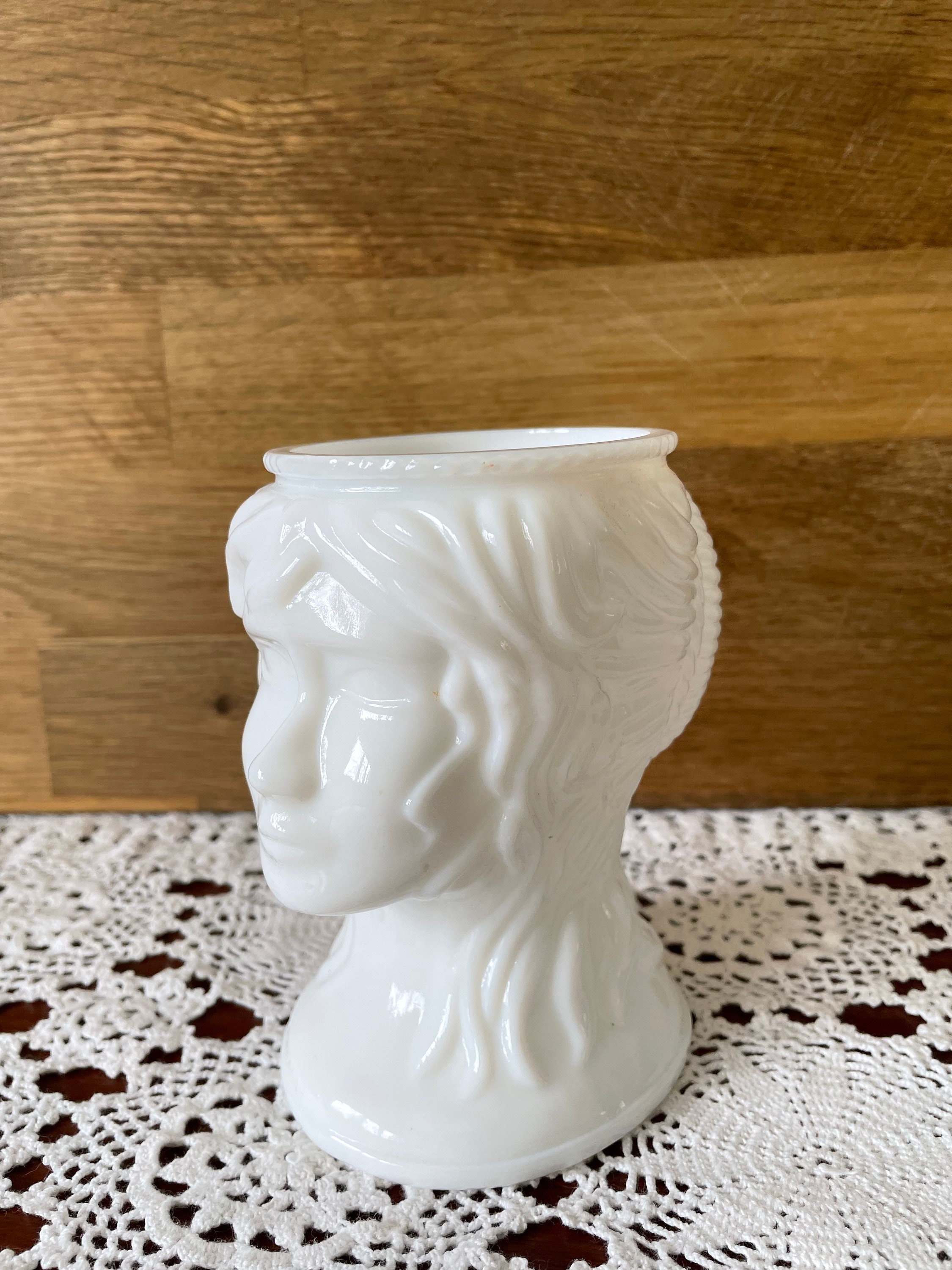 Milk Glass Figural Vase, Lady Head Bust Jenny Lind, Mid Century Vintage