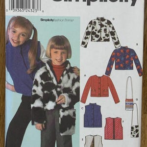 May include: Simplicity pattern 9420 for children's jackets, vests, and a purse. The pattern includes a cow-print jacket, a red jacket, a blue vest, and a floral jacket. The pattern size is HH 3,4,5,6.