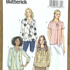 Peut inclure: Un patron de couture Butterick, B6378, présentant quatre modèles de chemisiers. Le patron comprend des illustrations des chemisiers, avec des détails tels que des imprimés floraux, des carreaux et des rayures. La gamme de tailles est E5 (14-16-18-20-22).