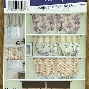 May include: A Simplicity Home Decorating pattern for tie-up window shades. The pattern shows several designs, including floral and patterned fabrics. The text on the pattern reads "Easy! Tie-Ups" and "Shades That Roll, Tie, Or Button."