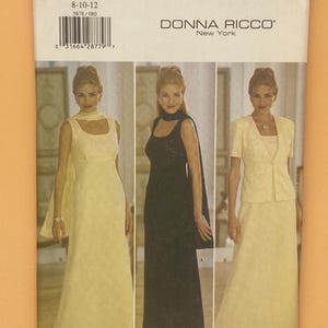 May include: A sewing pattern for a dress with three different styles. The pattern is for sizes 8-10-12 and is by Butterick for Donna Ricco New York.