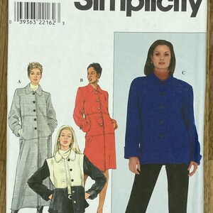 May include: Simplicity pattern 8395 for coats and jackets. Sizes available are 6, 8, and 10. The cover shows illustrations of the finished garments in colours such as grey, red, and blue. Measurements are in EUR and FR sizes.