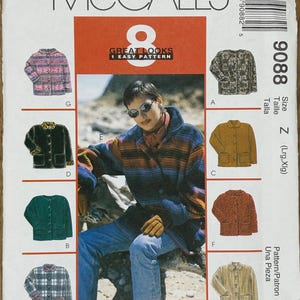 Può includere: Busta del modello di cucito McCall's con una donna che indossa una giacca a righe. La busta mostra vari modelli di giacche, tra cui una a quadri e una verde. Il numero del modello è 9088, taglia Z.