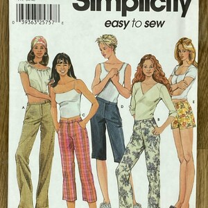 May include: Simplicity sewing pattern featuring illustrations of various outfits, including pants, shorts, and tops. The pattern includes sizes 6, 8, 10, and 12. The text "easy to sew" is displayed prominently.