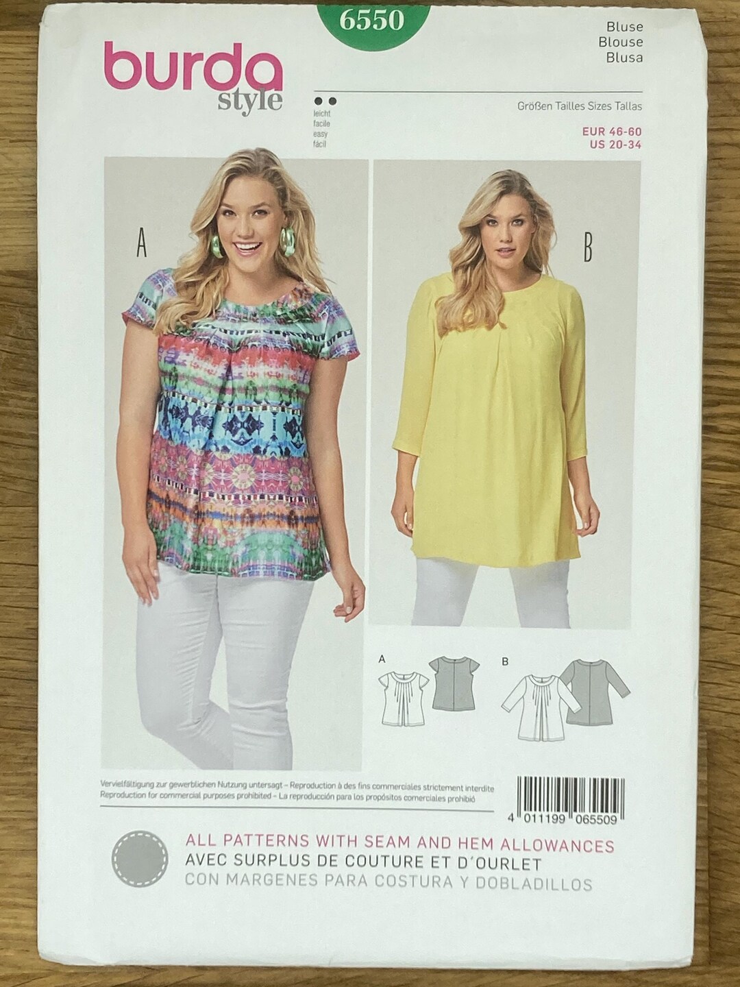 Burda 6550, taglia donna (20-34), camicetta semi-aderente, modello