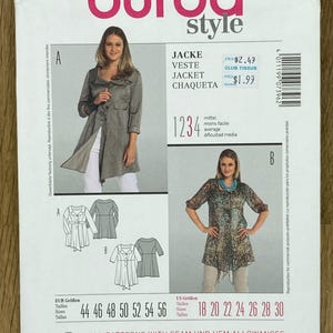 May include: A Burda Style sewing pattern packet with images of jackets and tops. The packet includes size charts in both UK and European sizes. The text on the packet includes the words "JACKE", "VESTE", "JACKET", and "CHAQUETA".