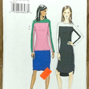 Puede incluir: Un patrón de costura Very Easy Vogue, V9166, con ilustraciones de dos vestidos y un conjunto de falda y top con bloques de color. El patrón incluye tallas 6-8-10-12-14 y está diseñado para un ajuste personalizado para tallas de copa A, B, C y D.